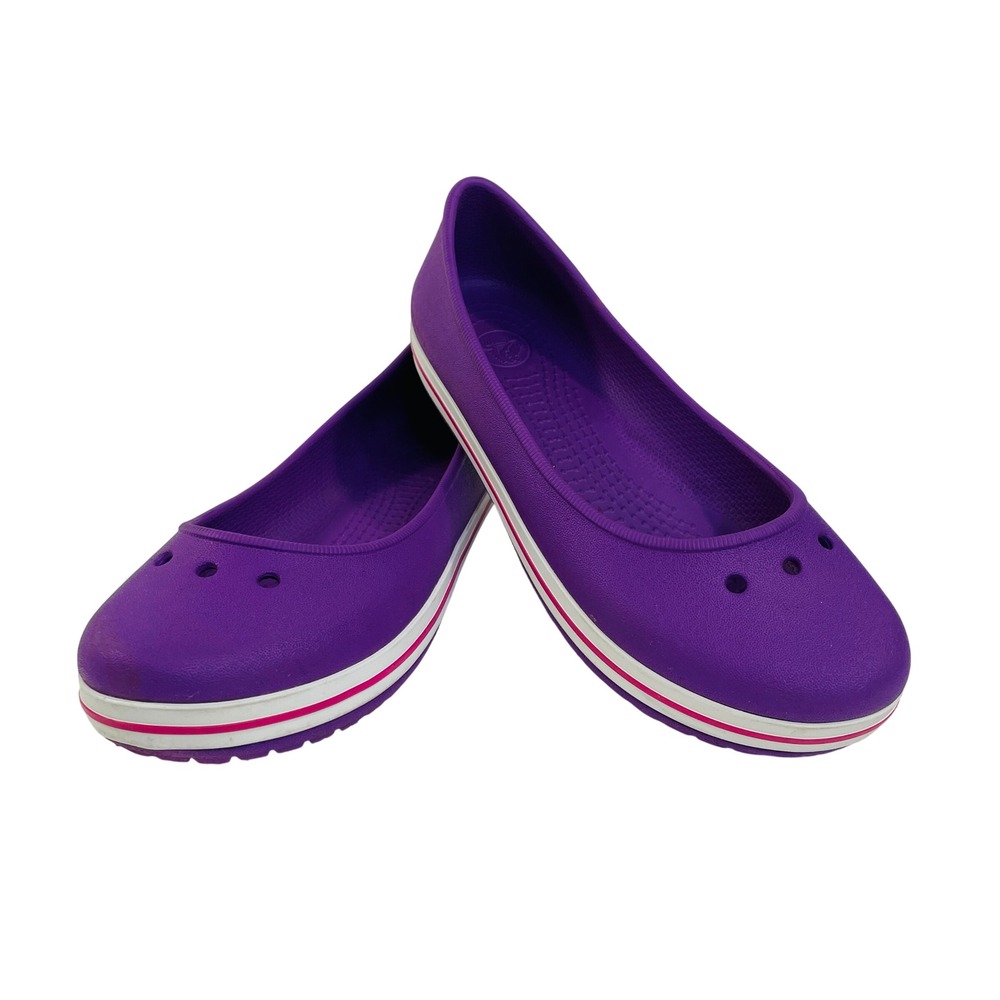 Crocs Crocband Flat Purple White Pink Stripes Ballet Shoes Girls Youth Size J3